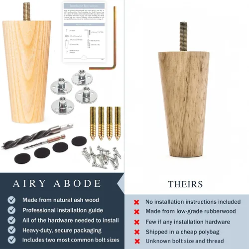 Vista 3 de Airy Abode Patas de madera de fresno prémium para muebles (kit de instalación completa): elige tu tamaño y color Ceniza
