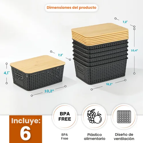 Vista 2 de Ohmlove 6 Pack Plastic Storage Baskets with Bamboo Lids for Organization Black