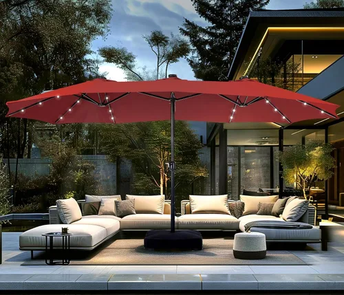 Vista 11 de PHI VILLA Sombrilla de patio grande de 15 pies con base y luces solares, paraguas rectangular de doble cara para exteriores con 36 luces LED, Beige
