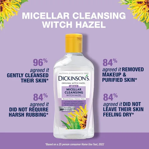 Vista 4 de Dickinson's Agua Micelar Limpiadora de Hamamelis, Un Desmaquillante Todo en 1, Refinador de Poros, Limpiador de Piel y Tónico; Sin Alcohol con Aloe
