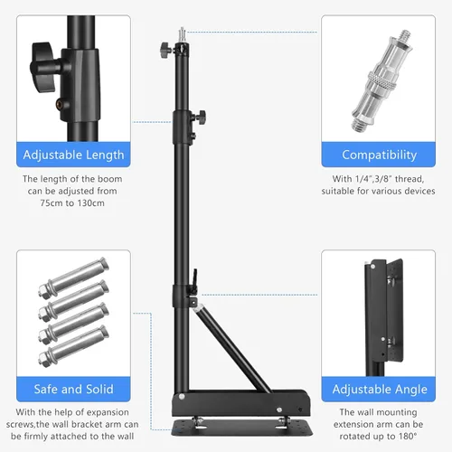 Vista 6 de Anillo de luz de pared con base triangular, 51 pulgadas/51.2 in de longitud, soporte ajustable de rotación flexible de 180°, brazo de brazo