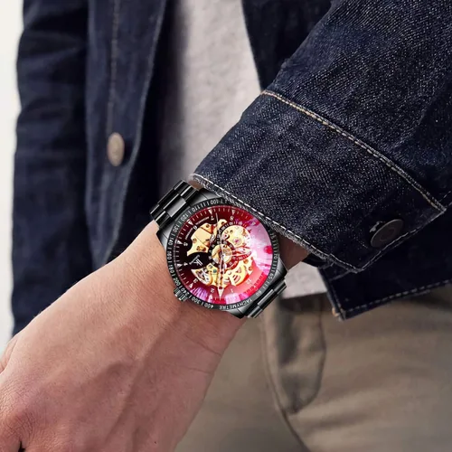 Vista 6 de IK Men's Watch Skeleton Automatic Mechanical Wristwatch, Silver Golden Dial Tachymeter Black Stainless Steel Casual Steampunk Watch