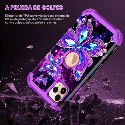 Vista 6 de Miqala Funda para iPhone 11 Pro Max, que brilla en la oscuridad, tres capas, resistente, a prueba de golpes, protección de cuerpo completo Mariposa