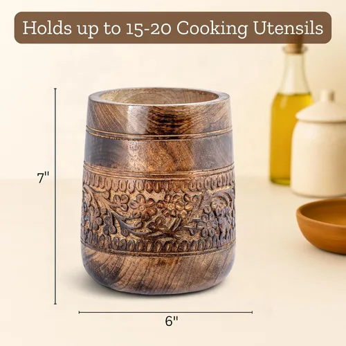 Vista 5 de Mie Creations Soporte grande rústico de 7 pulgadas para encimera de cocina, organizador de espátula de cocina de madera para fiestas, organizador