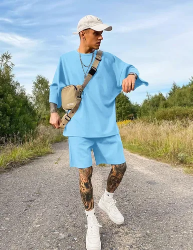 Vista 4 de Babioboa Conjunto de camiseta y pantalones cortos de manga corta para hombre, 2 bolsillos, de gran tamaño, de dos piezas, casual, uso diario