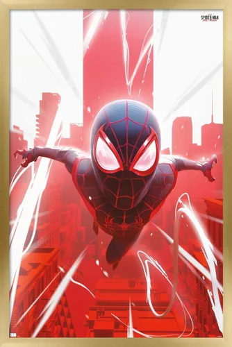 Vista 20 de Marvel's Spider-Man: Miles Morales - Póster de Falling Wall, 22.4 pulgadas de largo x 14.7 pulgadas de ancho, versión enmarcada de madera de granero