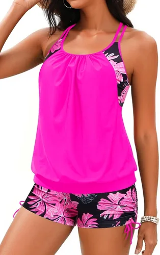 Vista 9 de Holipick Trajes de baño tankini de dos piezas con control abdominal, top de baño tipo blusa con shorts estilo boy shorts Verde Aqua