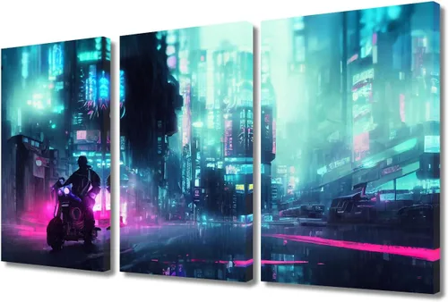 Vista 89 de Lienzo decorativo para pared de sala de estar, lienzo Cyberpunk, decoración de pared de 3 paneles, decoración de pared para el hogar, dormitorio