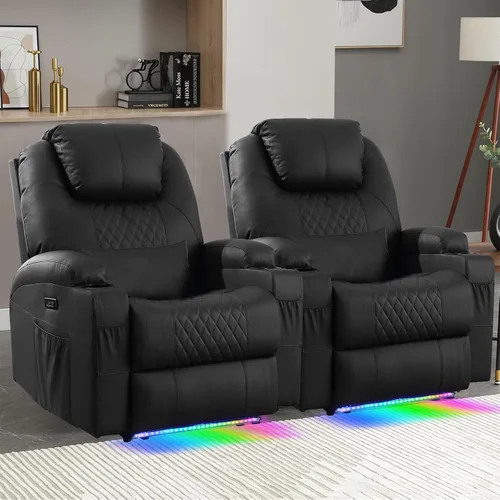 Vista 18 de Silla reclinable eléctrica con calor y masaje para adultos, asiento reclinable eléctrico de cine en casa con luces LED, portavasos, bolsillo