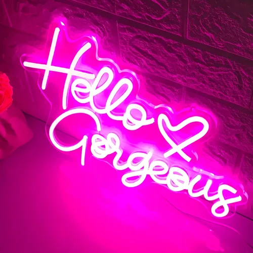 Vista 5 de Letrero de neón con texto en inglés "Hello Gorgeous Neon", luces LED de neón rosadas para el hogar, boda, cumpleaños, telón de fondo, fiesta
