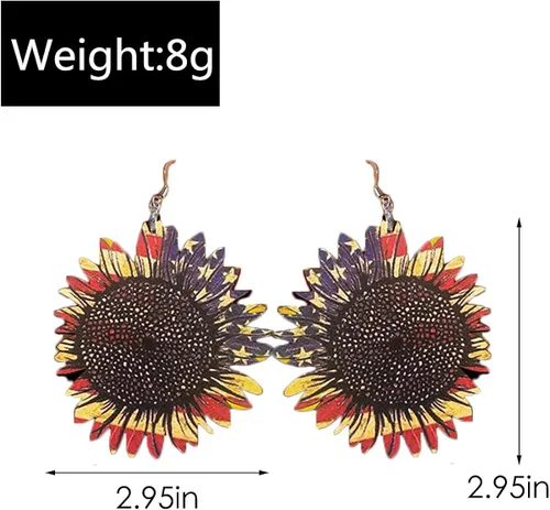 Vista 5 de Aretes colgantes con diseño de margarita de girasol amarillo y margarita con diseño de bandera estadounidense, aretes colgantes de madera