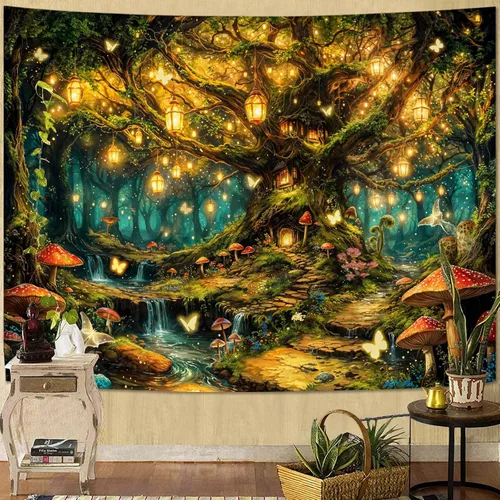 Vista 11 de Kanuyee Tapiz de bosque verde, tapiz de paisaje para pared, tapices de naturaleza para techo y pared, colgante para dormitorio, sala de estar