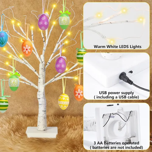 Vista 9 de Árbol de abedul iluminado de Pascua de 24 pulgadas con 12 adornos, LED blanco cálido, árbol artificial de mesa, 8 modos de iluminación USB
