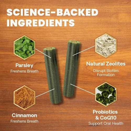 Vista 6 de VetriScience Masticables dentales de boca saludable, palitos Perio Plus para perros, con probióticos, espirulina y zeolitas, refrescante el aliento