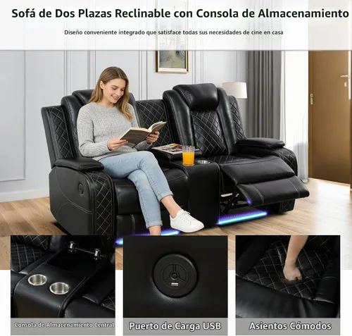 Vista 3 de Juego de sofá reclinable eléctrico con LED, juego de sofá de cuero transpirable para sala de estar, juego de sofá reclinable con puerto USB Negro