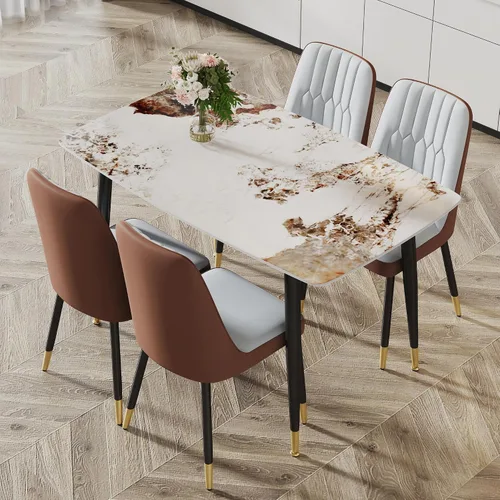 Vista 23 de Juego de 5 mesas de comedor modernas de piedra sinterizada de 50 pulgadas, mesa de cocina rectangular de mármol sintético con 4 sillas de piel