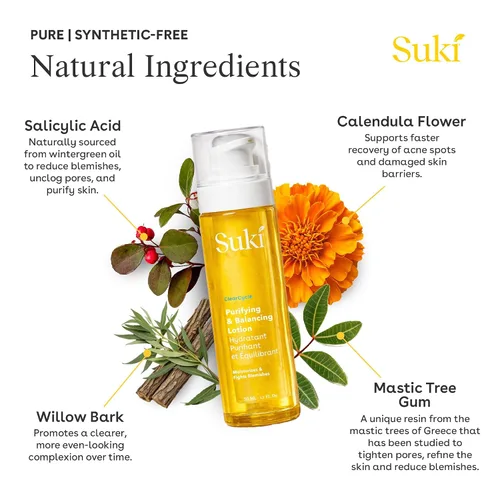 Vista 4 de Suki Loción de día purificadora y equilibrante para el cuidado de la piel con ácido salicílico, hidratante facial hidratante y antienvejecimiento