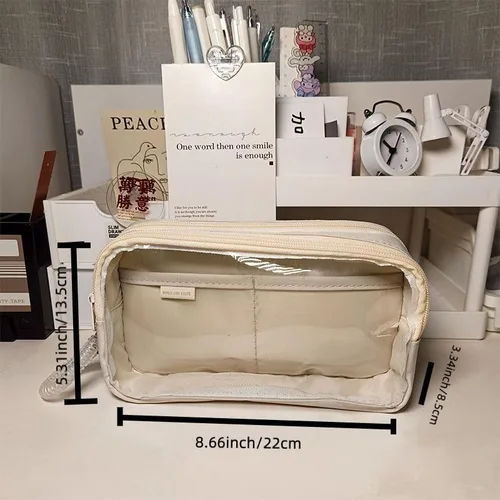 Vista 6 de Estuche para lápices estético transparente, estuche estético para lápices, bonito estuche grande para lápices estético (beige)
