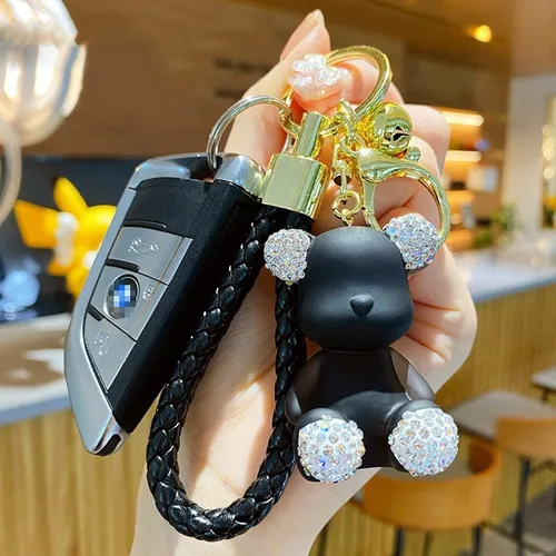Vista 3 de Lindo llavero de oso de diamantes Kawaii con correa de muñeca para mujer y niña