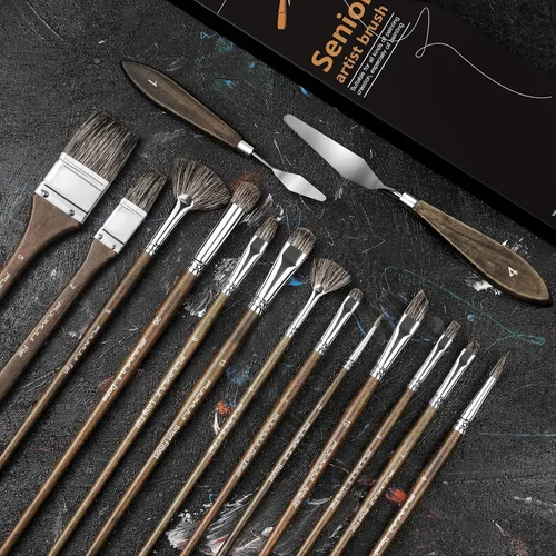 Vista 6 de Juego de Pinceles para Pintura al Óleo, 15 Piezas Fuumuui Pinceles Profesionales para Mezclar Pintura de Cerdas de Tejón Naturales con Plano