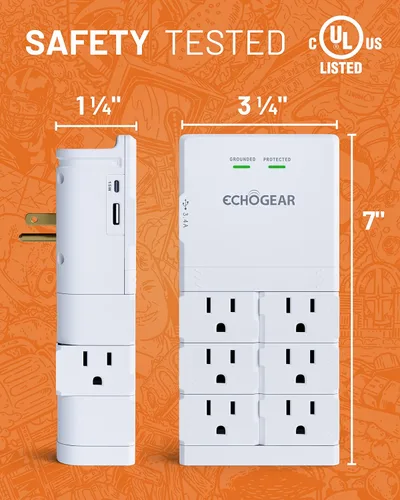 Vista 7 de ECHOGEAR Toma de pared con puertos USB y protección contra sobretensiones, 8 dispositivos 6 enchufes giratorios de CA, 2 incluye 1 puerto USB-C