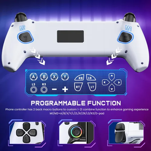 Vista 5 de Controlador de teléfono inalámbrico para iPhone/Android/Switch 1/2/OLED/iPad Mini con Hall Joystick, controlador de juegos móvil LED para iOS