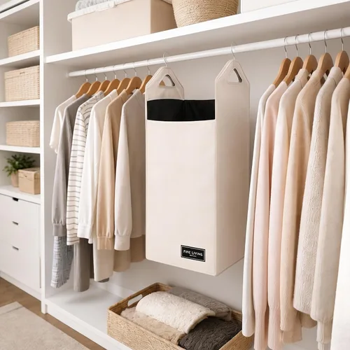 Vista 2 de The Fine Living Co. - Bolsa colgante para ropa sucia, colgador resistente, organizador de cestas de armario que ahorra espacio (beige)