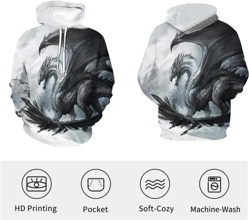 Vista 3 de Sudadera con capucha impresa en 3D con bolsillo para hombre, diseño de tótem de dragón