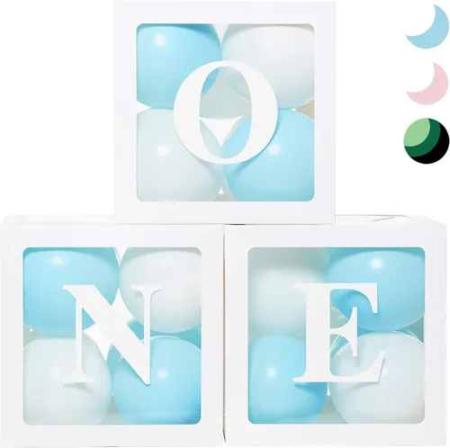 Vista 11 de Cajas de Globos de Primer Cumpleaños 'ONE' para 1 Año CON 24 Globos - Decoraciones de Primer Cumpleaños para Bebé Bloques de Cubo Transparente