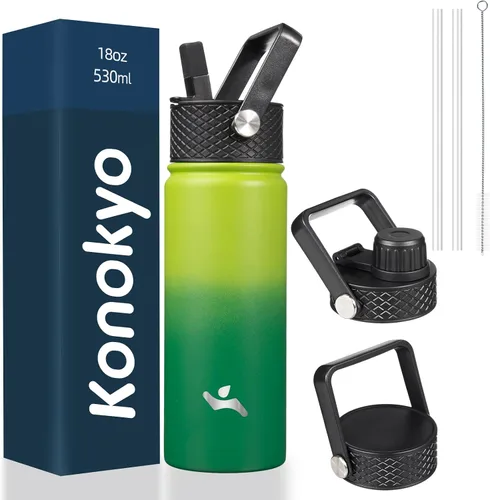 Vista 80 de Konokyo - Botella de agua aislada de 18 onzas, botellas deportivas de acero inoxidable con 3 tapas, verde militar