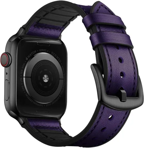 Vista 22 de OUHENG Correas de cuero compatibles con Apple Watch de 42mm 41mm 40mm 38mm, correa híbrida de cuero genuino y goma para iWatch Series 11 10 9 8 7 6