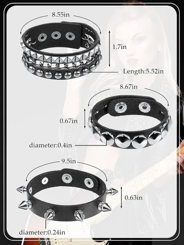 Vista 2 de Pulsera punk de cuero de 3 piezas para hombres y mujeres, pulsera de los años 80, pulsera gótica punk rock, brazalete unisex para fiesta