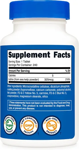 Vista 5 de Nutricost Yodo (yodo natural de algas marinas) 325mcg, 240 comprimidos - Sin OMG, sin gluten Sin gluten, sin OMG