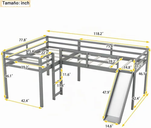 Vista 2 de Merax Cama doble tipo loft de tamaño individual con tobogán y escalera, marco de cama de madera en forma de L con barandilla de longitud completa