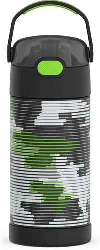 Vista 21 de THERMOS FUNTAINER - Botella de agua con pajilla, 12 onzas, botella de agua de acero inoxidable aislada al vacío para niños con tapa, color negro