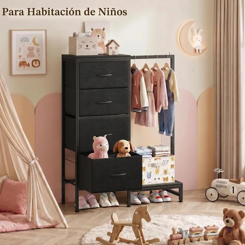 Vista 7 de HIGDBFE Cómoda alta de 44 pulgadas de alto con estante para colgar, cómoda pequeña de 4 cajones para dormitorio, cómoda de tela reversible