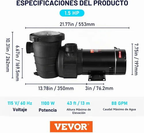 Vista 9 de VEVOR Bomba de piscina 1.5 HP 5280 GPH Max Flow Bomba de velocidad única