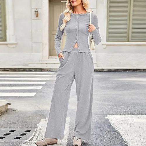 Vista 5 de Conjunto de 2 piezas para mujer, conjunto de descanso de otoño e invierno, con botones, manga larga, ajuste delgado, pantalones de pierna ancha