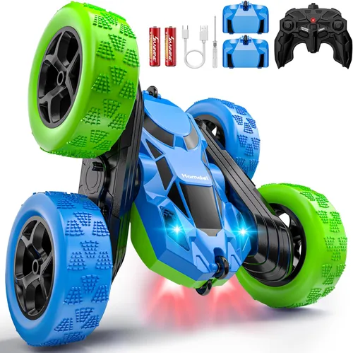 Vista 8 de Hamdol Auto de control remoto para niños, auto de acrobacias RC giratorio de 360°, vehículo eléctrico 4WD de doble cara con luces LED, autos de Azul