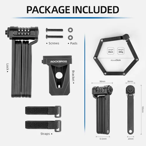 Vista 5 de ROCKBROS Candado plegable para bicicleta con soporte, resistente antirrobo de 4 dígitos