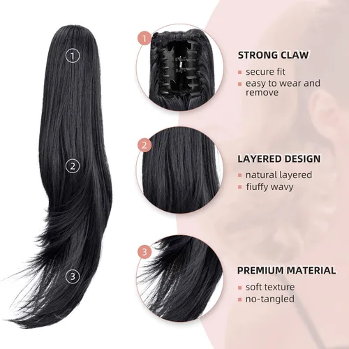Vista 4 de Extensión de Cola de Caballo, Extensión de Cabello con Garra Larga de 20", Piezas de Cabello Sintético Ondulado Liso con Clip en Peluca de Cola