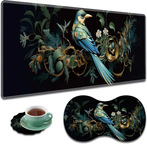 Vista 10 de Alfombrilla de mouse grande para juegos + reposamuñecas + posavasos combinados, 31.5 x 11.8 pulgadas, tapete de extensión antideslizante duradero
