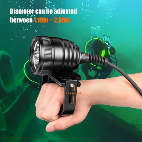 Vista 6 de WD70 - Luz de buceo con recipiente – Kit de linterna técnica de buceo ultra brillante de 3000 lúmenes con mango Goodman ajustable, 5 modos de luz