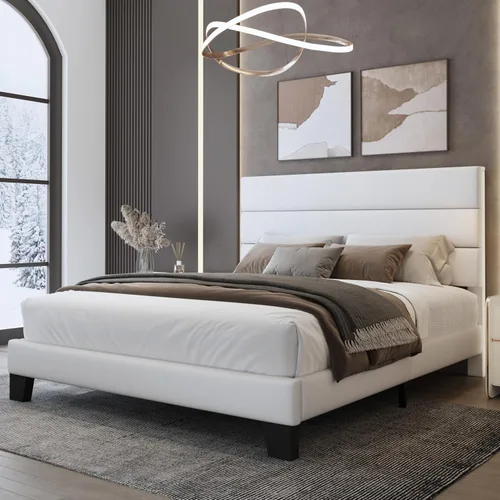 Vista 20 de WEEWAY Base de cama tamaño individual con cabecera tapizada de tela de lino y soporte de listones de madera, base de colchón resistente, no necesita