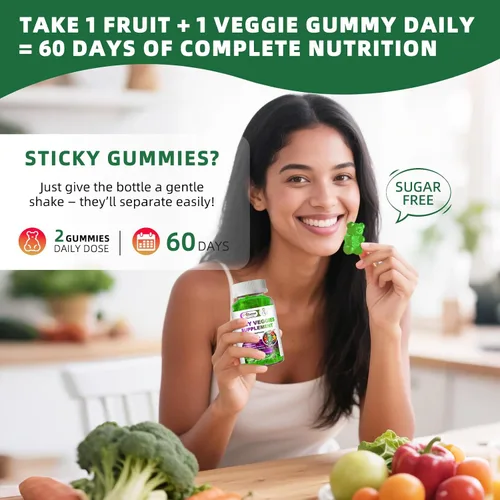 Vista 7 de Gomitas de frutas y verduras sin azúcar, súper verduras con 23 frutas y 25 verduras, minerales multivitamínicos y fibra, suplemento vegano de frutas