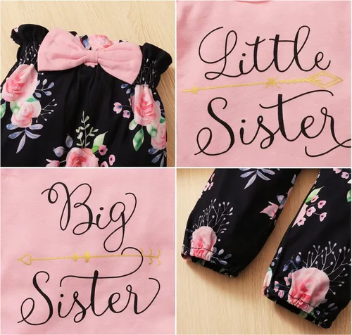 Vista 5 de AMAWMW Trajes a juego para hermana mayor, para hermana pequeña, ropa para niña pequeña, recién nacida, con volantes, pantalones florales, diadema, 3