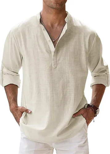 Vista 6 de Camisas de lino para hombre, de manga larga, con botones, de algodón, lino, talla grande, cuello de banda, color sólido, camisa de playa