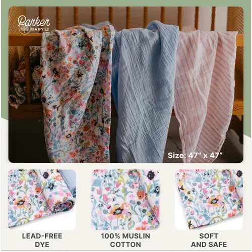 Vista 4 de Parker Mantas Envolventes para Bebé - Paquete de 3 Mantas Envolventes de Muselina 100% Algodón para Bebés Niñas - Conjunto Blossom Lightweight