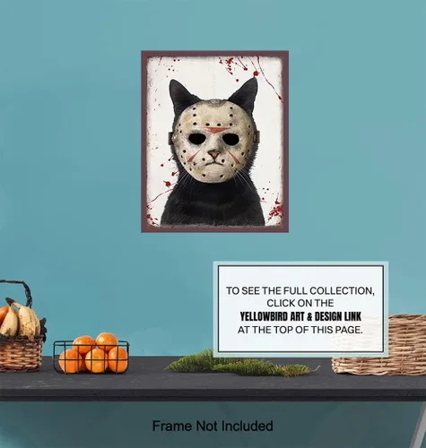 Vista 7 de Arte y diseño de pájaro amarillo de gato – Arte de pared de viernes 13 – Bonita decoración de gato para hombres – Divertido regalo de gatito