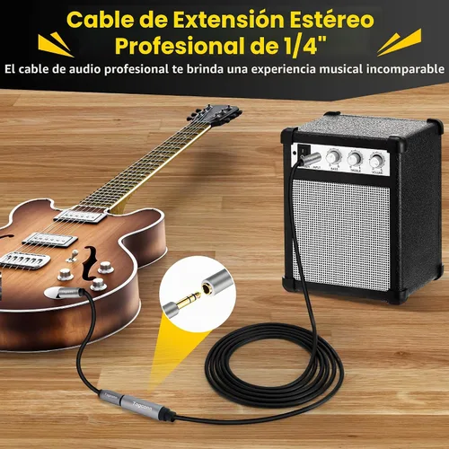 Vista 4 de Cable de extensión de 1/4 de pulgada de 1 pie, conector adaptador estéreo TRS macho a hembra de 0.250 in, cable de extensión de guitarra